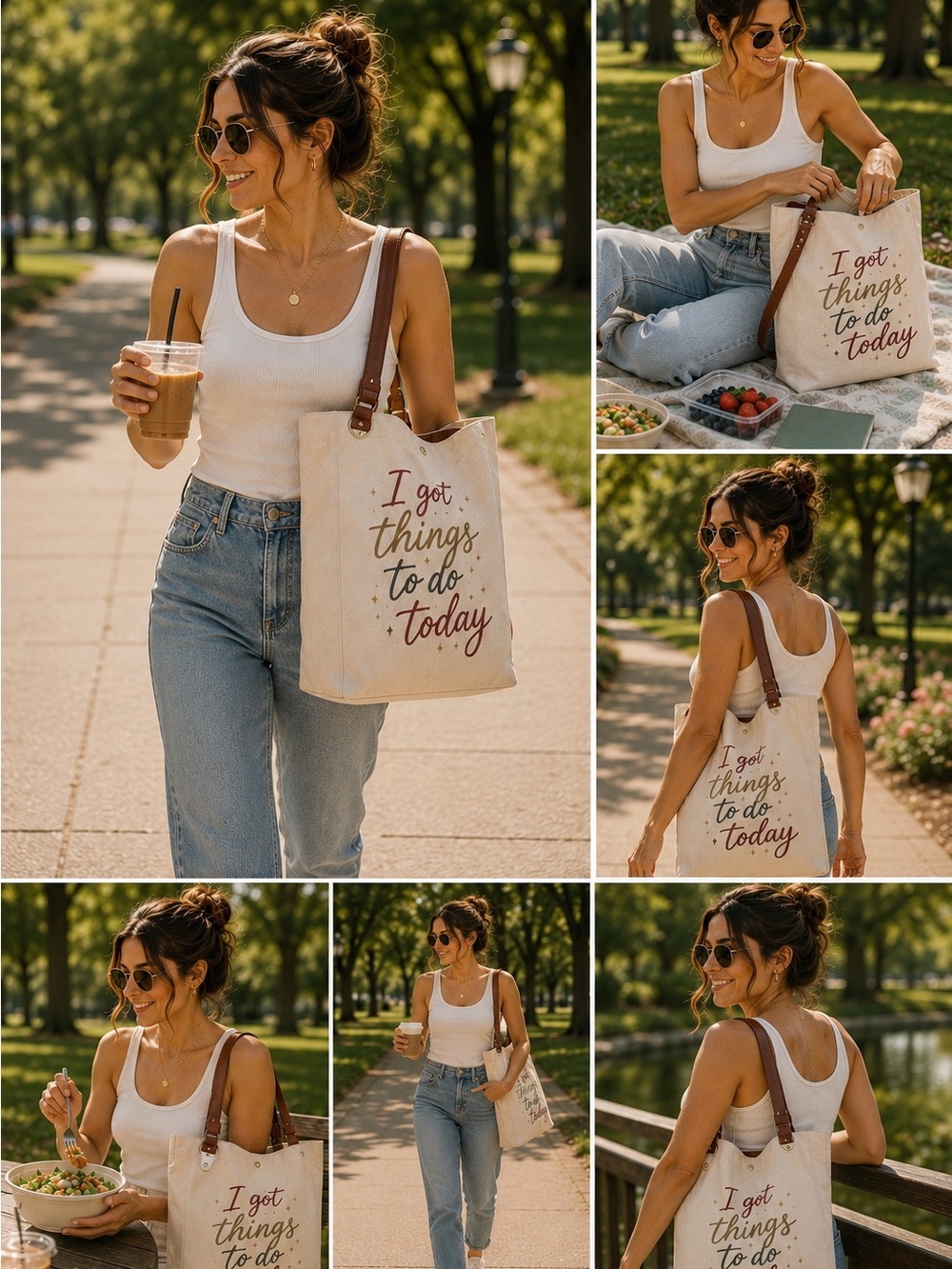Brown Neutral ItalianCanvas Tote with Brown Leather Straps - "I Got Things to Do - Picture 9 of 15